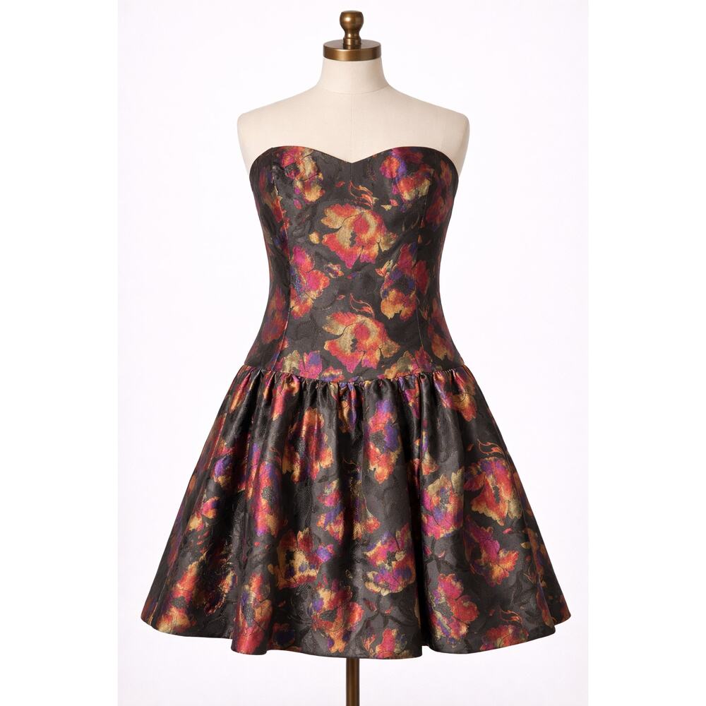 David Meister | Strapless Floral Dress Black Cocktail Fit & Flare Colorful